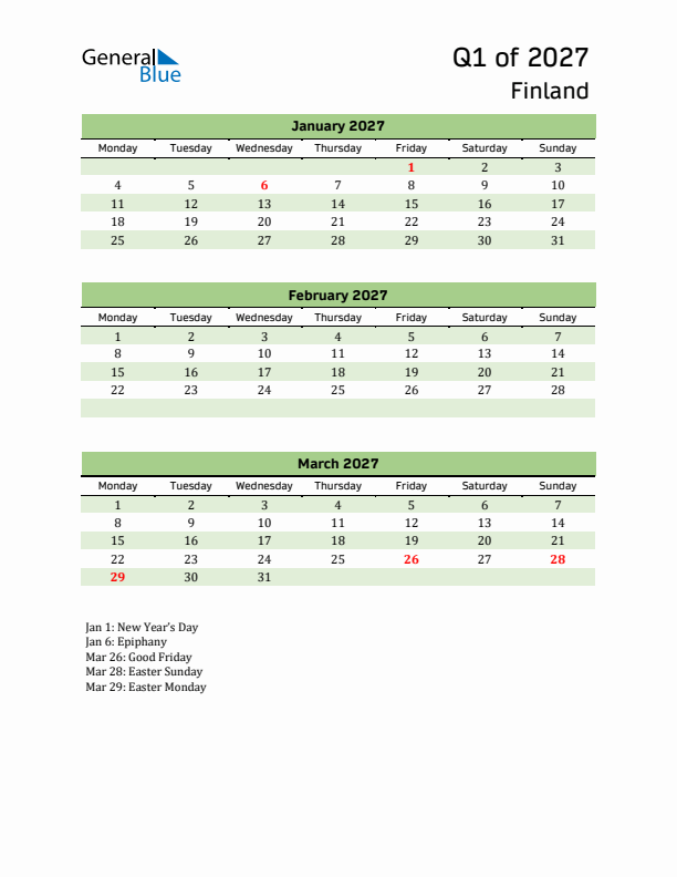 Quarterly Calendar 2027 with Finland Holidays