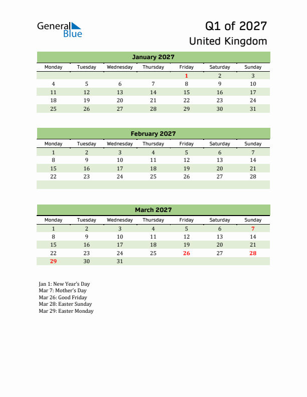 Quarterly Calendar 2027 with United Kingdom Holidays