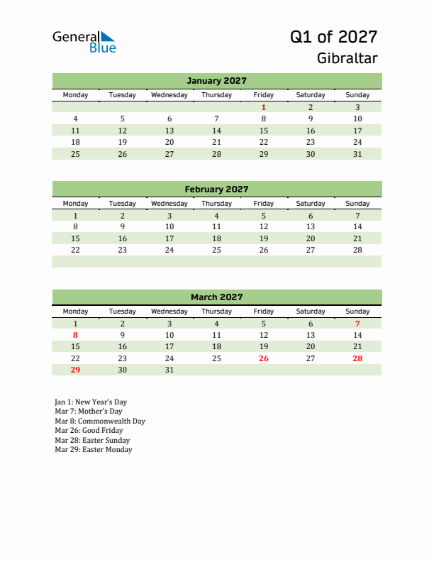 Quarterly Calendar 2027 with Gibraltar Holidays