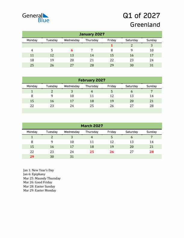 Quarterly Calendar 2027 with Greenland Holidays