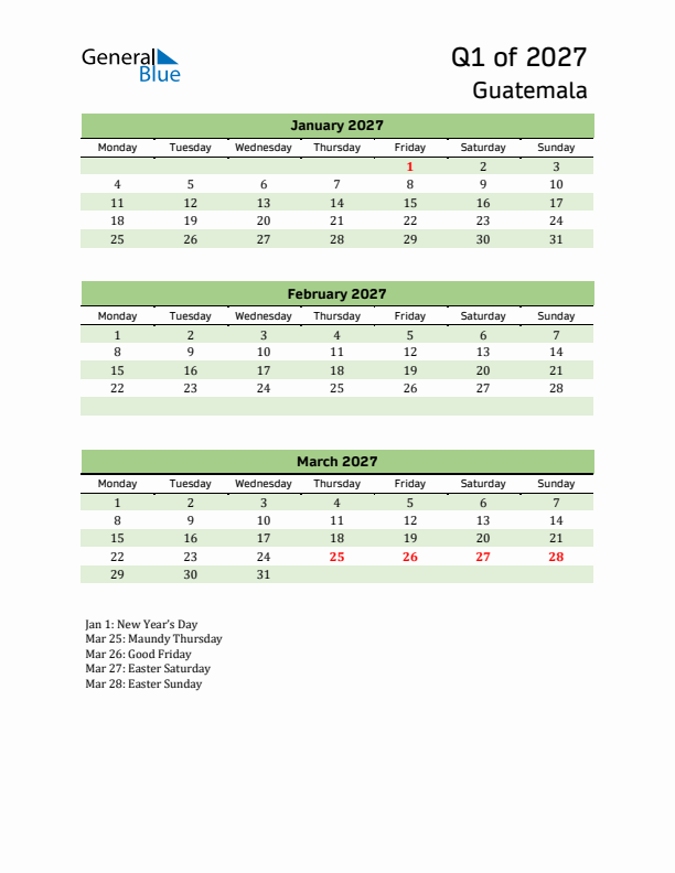 Quarterly Calendar 2027 with Guatemala Holidays