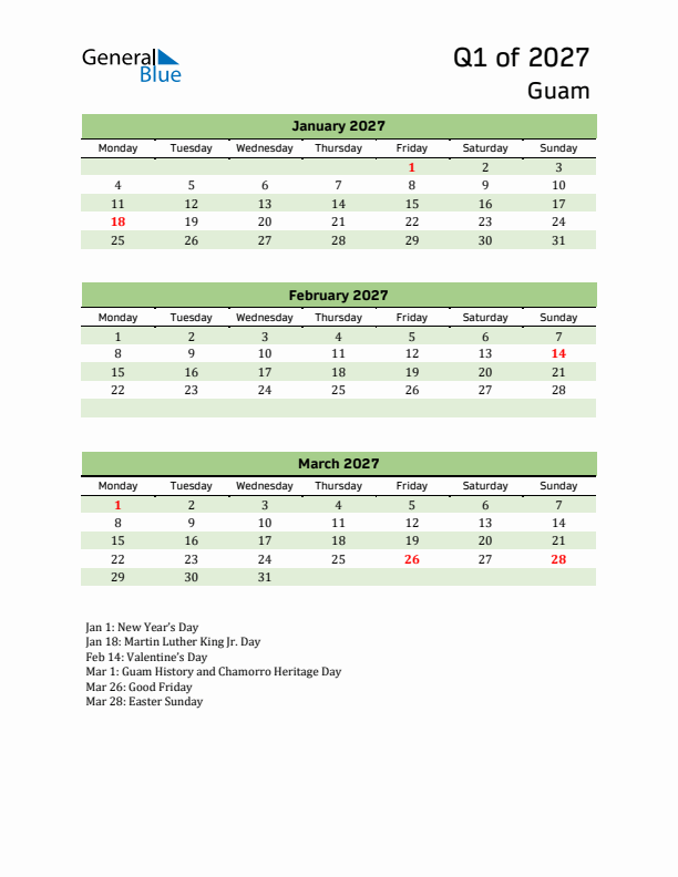 Quarterly Calendar 2027 with Guam Holidays