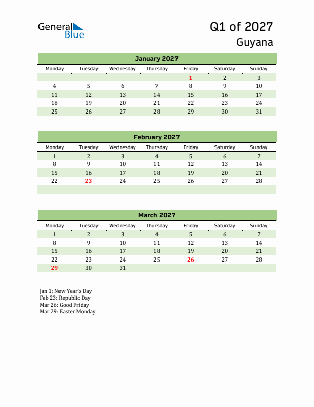 Quarterly Calendar 2027 with Guyana Holidays