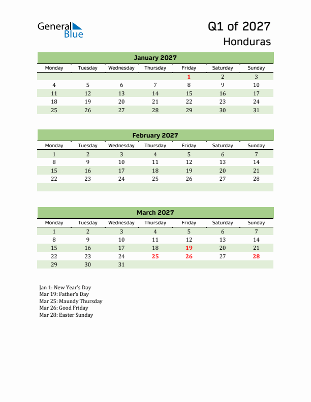 Quarterly Calendar 2027 with Honduras Holidays