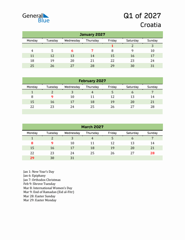 Quarterly Calendar 2027 with Croatia Holidays