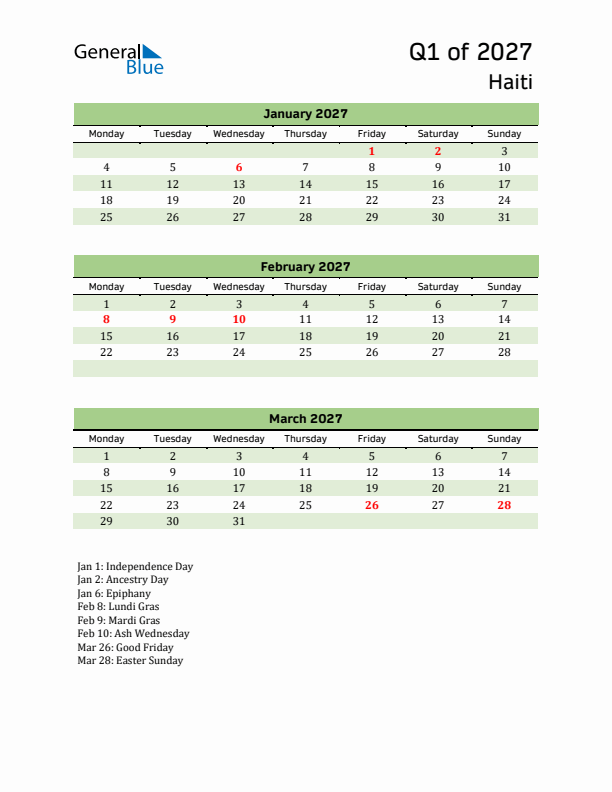 Quarterly Calendar 2027 with Haiti Holidays