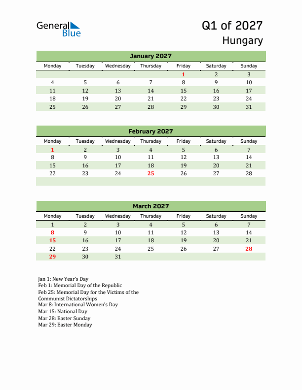 Quarterly Calendar 2027 with Hungary Holidays