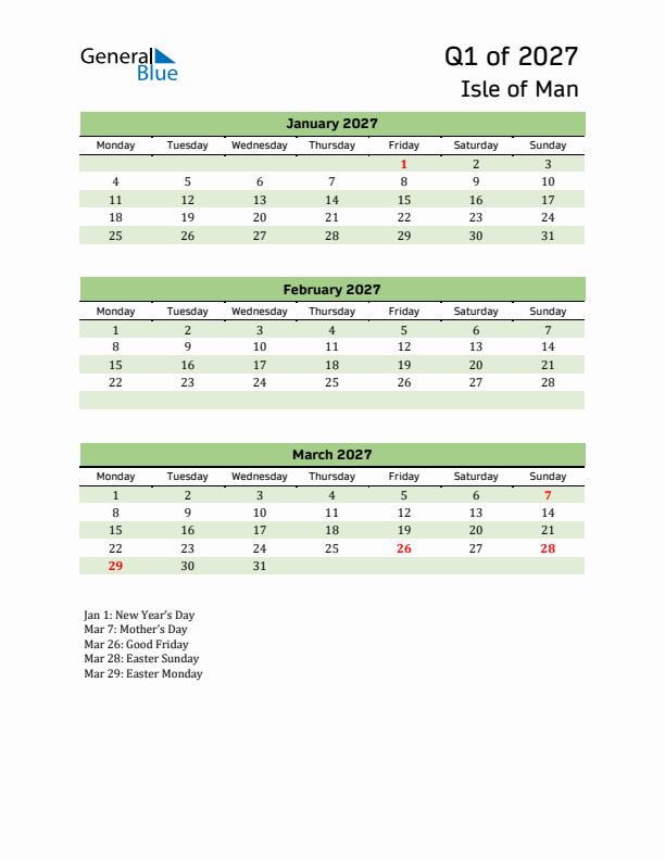 Quarterly Calendar 2027 with Isle of Man Holidays