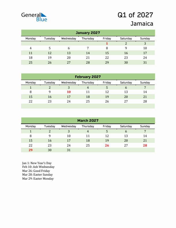 Quarterly Calendar 2027 with Jamaica Holidays