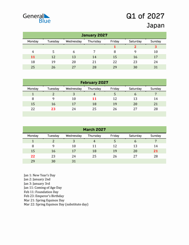 Quarterly Calendar 2027 with Japan Holidays