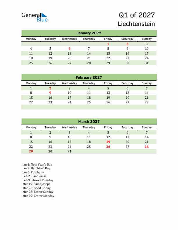 Quarterly Calendar 2027 with Liechtenstein Holidays