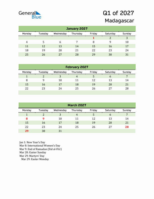 Quarterly Calendar 2027 with Madagascar Holidays