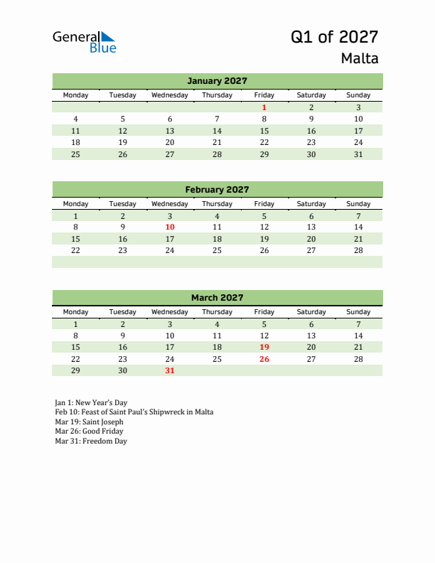 Quarterly Calendar 2027 with Malta Holidays