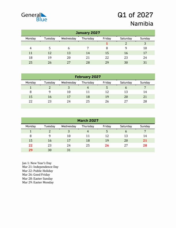 Quarterly Calendar 2027 with Namibia Holidays