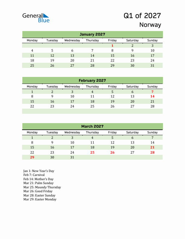 Quarterly Calendar 2027 with Norway Holidays