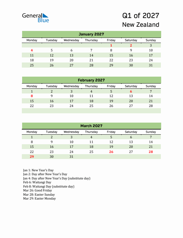 Quarterly Calendar 2027 with New Zealand Holidays