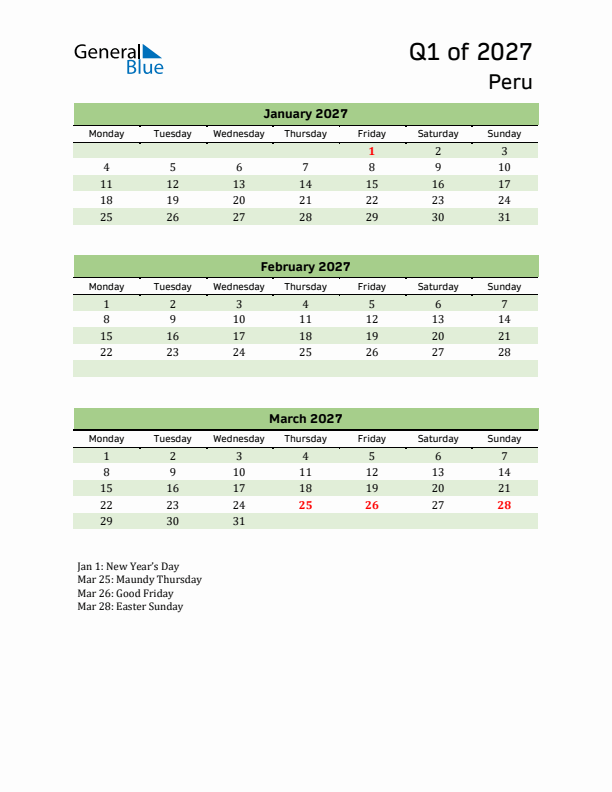 Quarterly Calendar 2027 with Peru Holidays