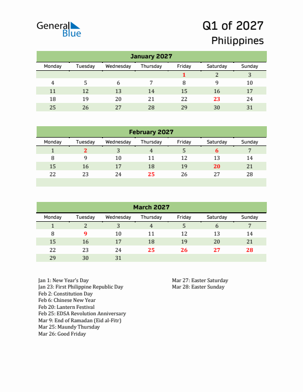 Quarterly Calendar 2027 with Philippines Holidays