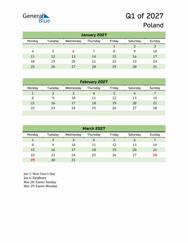 Quarterly Calendar 2027 with Poland Holidays