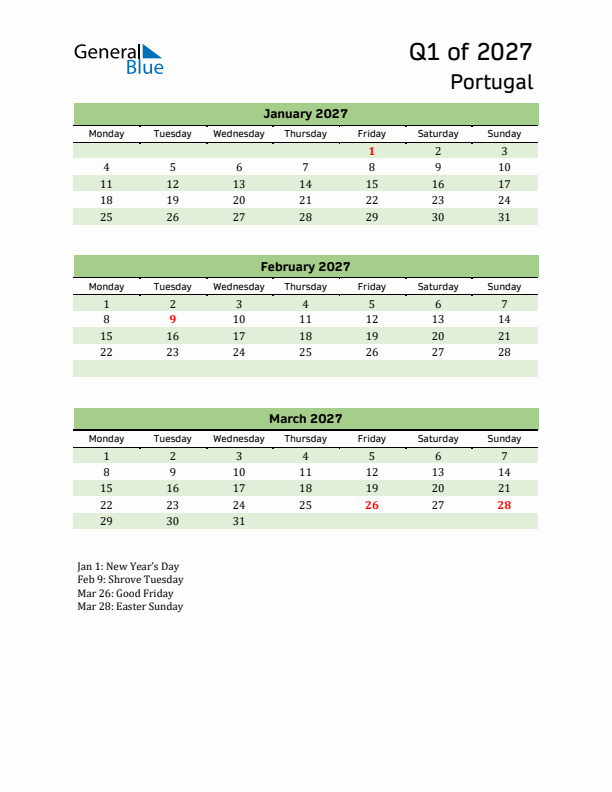 Quarterly Calendar 2027 with Portugal Holidays