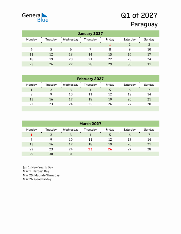 Quarterly Calendar 2027 with Paraguay Holidays