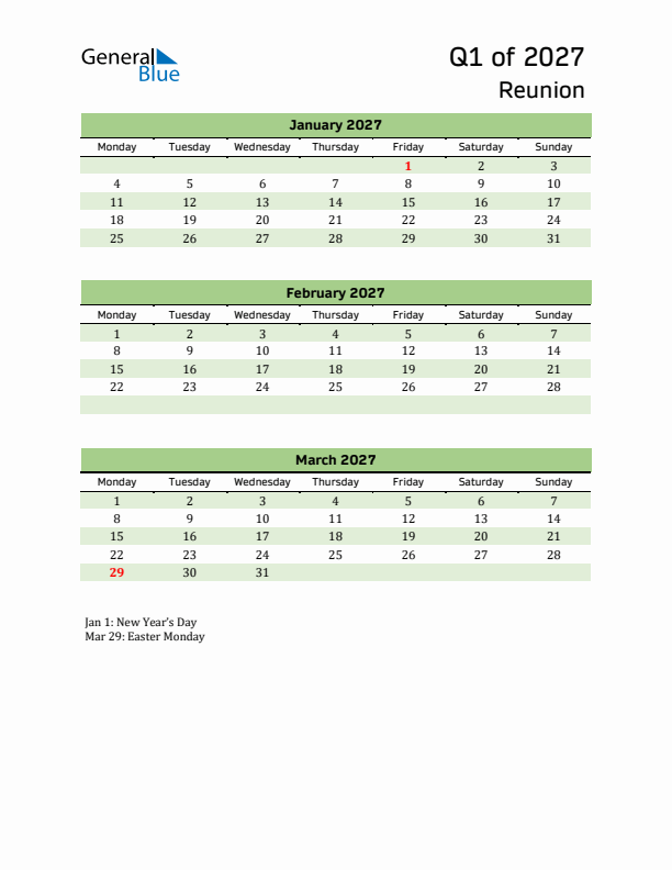 Quarterly Calendar 2027 with Reunion Holidays