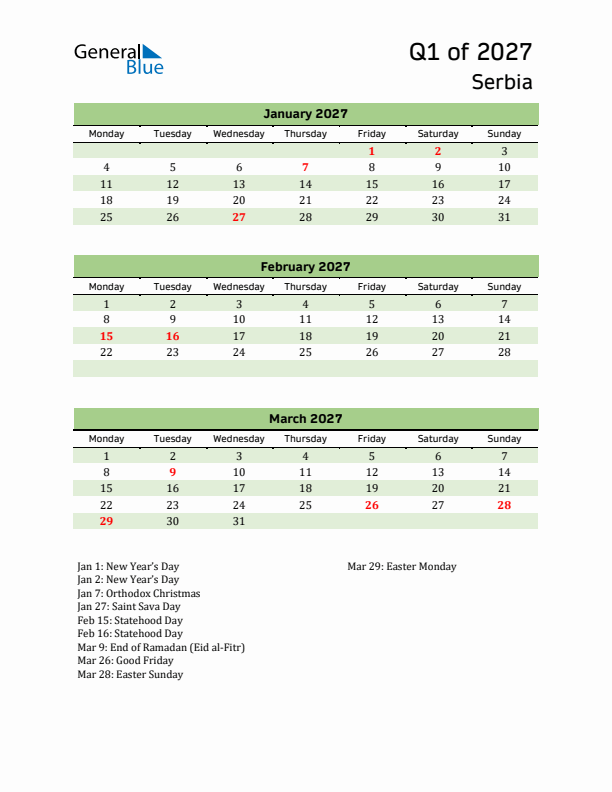 Quarterly Calendar 2027 with Serbia Holidays