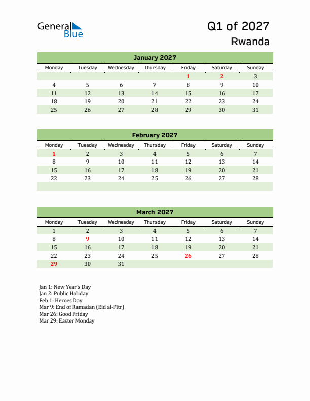 Quarterly Calendar 2027 with Rwanda Holidays