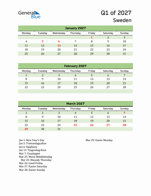 Quarterly Calendar 2027 with Sweden Holidays