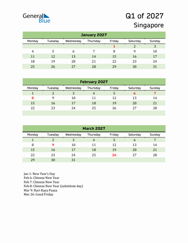 Quarterly Calendar 2027 with Singapore Holidays