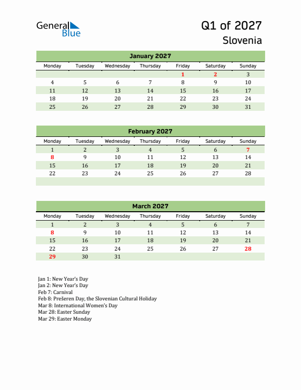 Quarterly Calendar 2027 with Slovenia Holidays