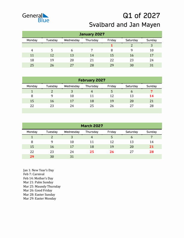 Quarterly Calendar 2027 with Svalbard and Jan Mayen Holidays