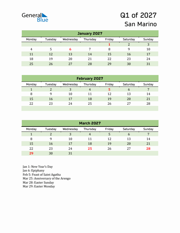 Quarterly Calendar 2027 with San Marino Holidays