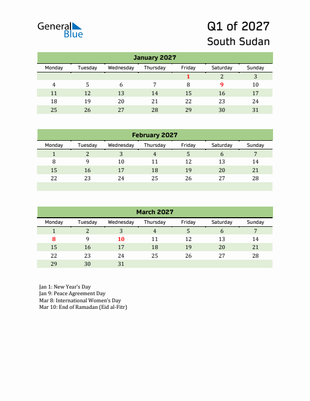 Quarterly Calendar 2027 with South Sudan Holidays