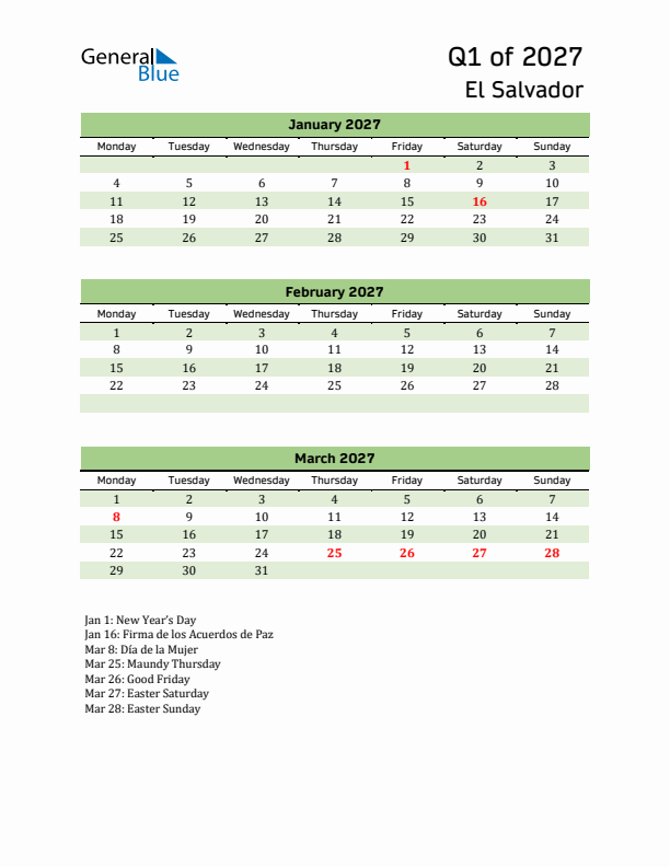 Quarterly Calendar 2027 with El Salvador Holidays