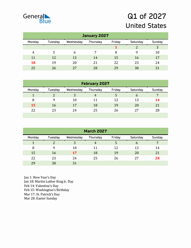 Quarterly Calendar 2027 with United States Holidays