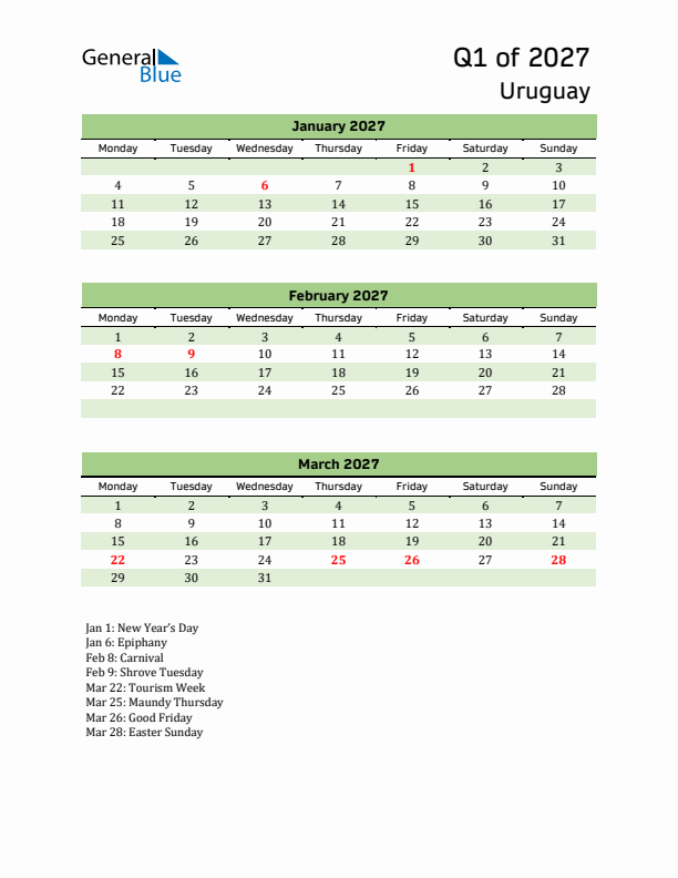 Quarterly Calendar 2027 with Uruguay Holidays