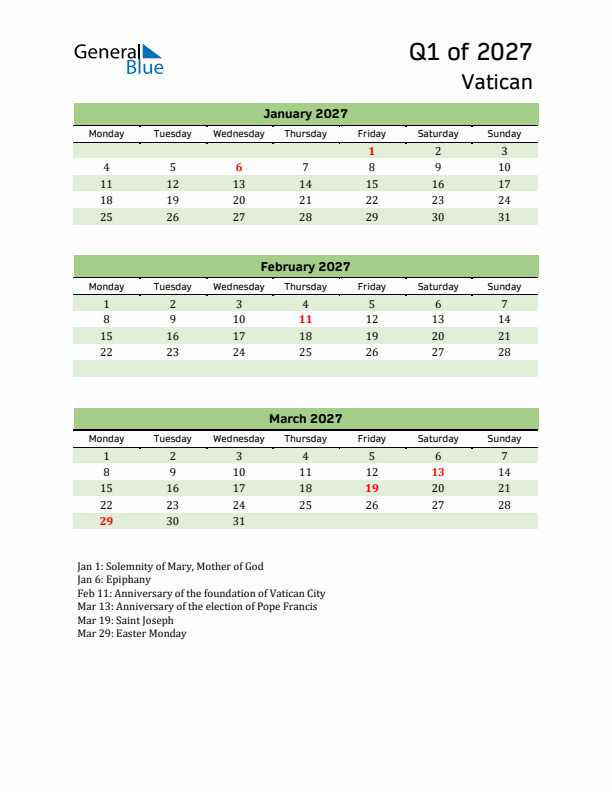 Quarterly Calendar 2027 with Vatican Holidays