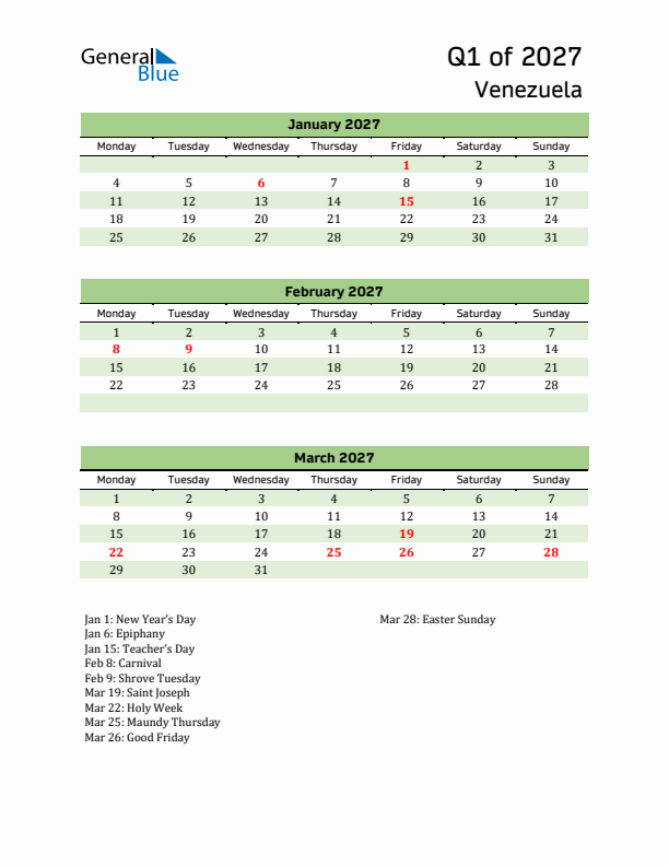 Quarterly Calendar 2027 with Venezuela Holidays