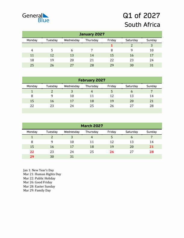 Quarterly Calendar 2027 with South Africa Holidays