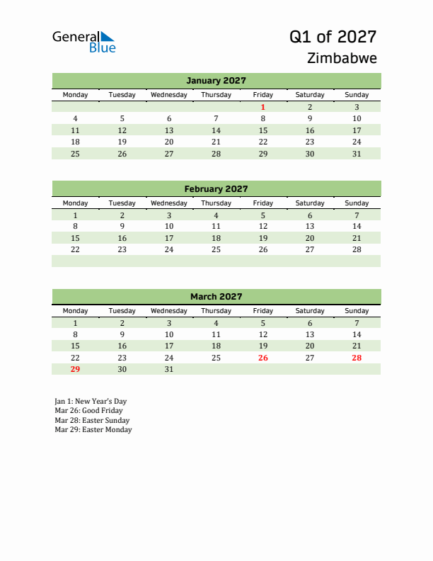 Quarterly Calendar 2027 with Zimbabwe Holidays