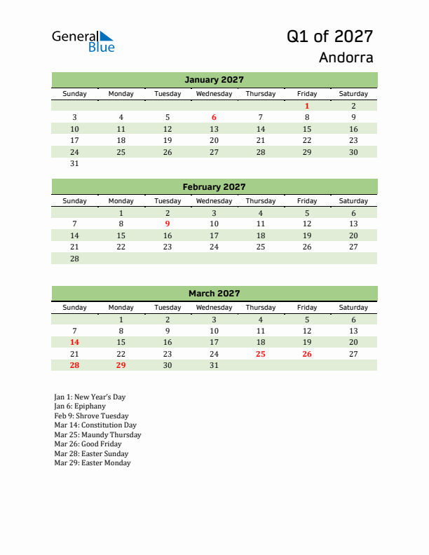 Quarterly Calendar 2027 with Andorra Holidays