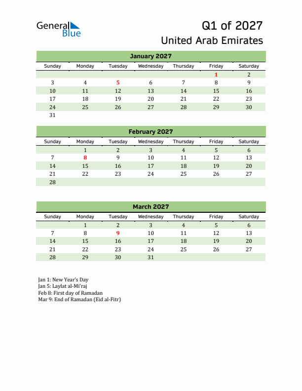 Quarterly Calendar 2027 with United Arab Emirates Holidays