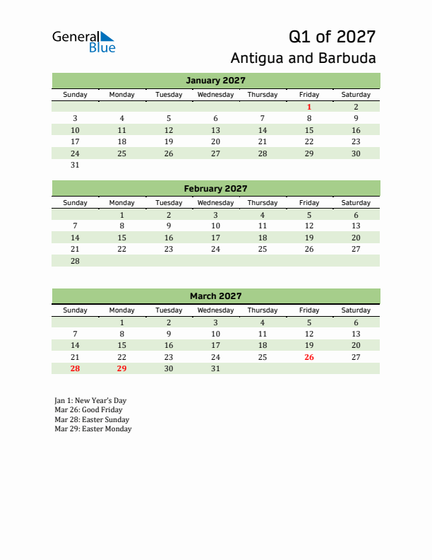 Quarterly Calendar 2027 with Antigua and Barbuda Holidays