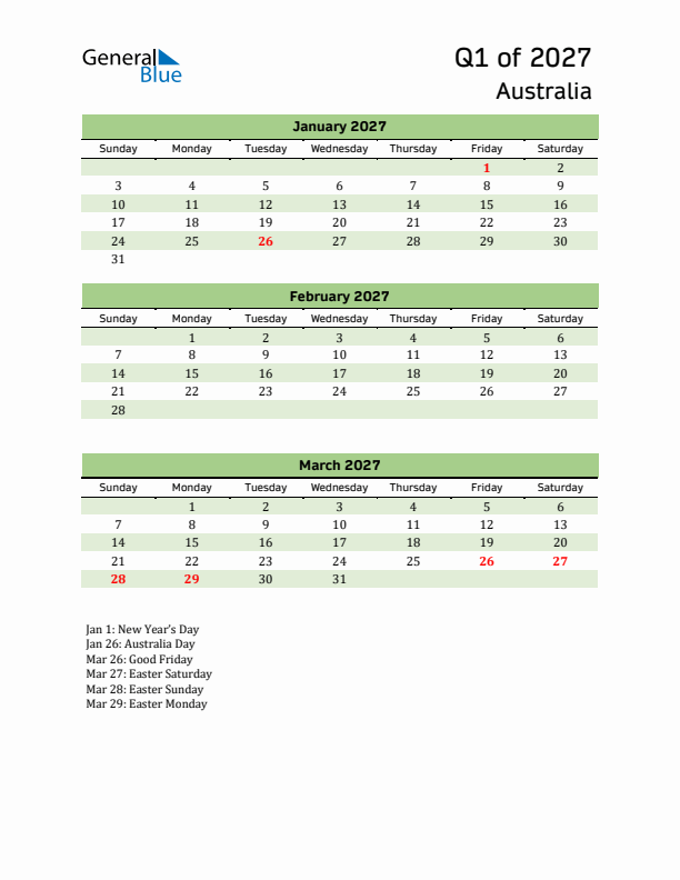 Quarterly Calendar 2027 with Australia Holidays