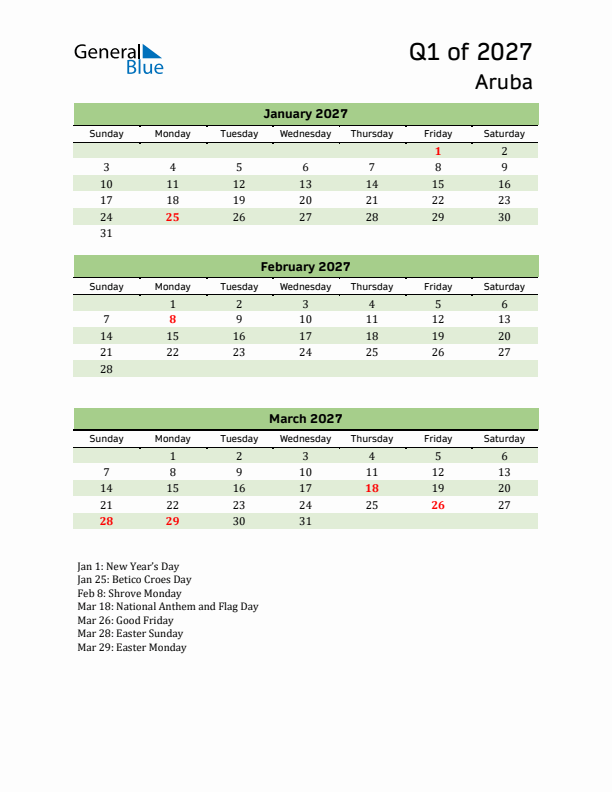 Quarterly Calendar 2027 with Aruba Holidays