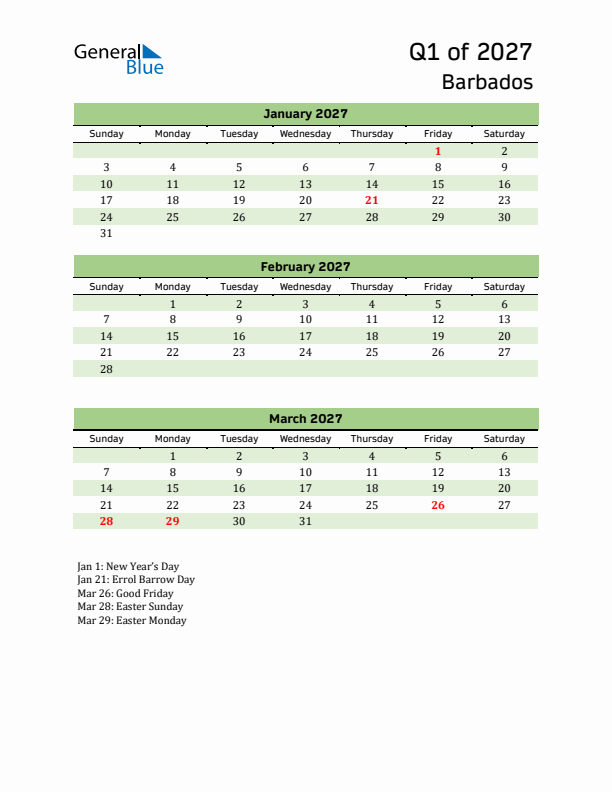 Quarterly Calendar 2027 with Barbados Holidays