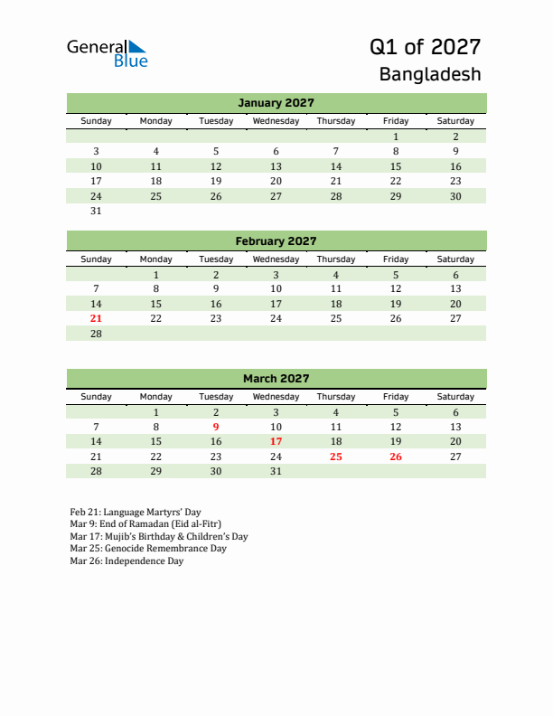 Quarterly Calendar 2027 with Bangladesh Holidays