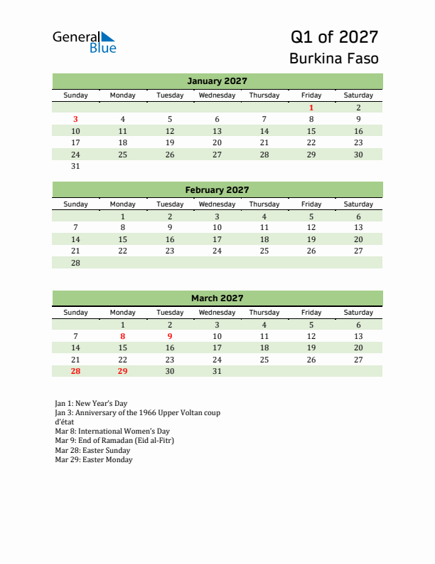 Quarterly Calendar 2027 with Burkina Faso Holidays