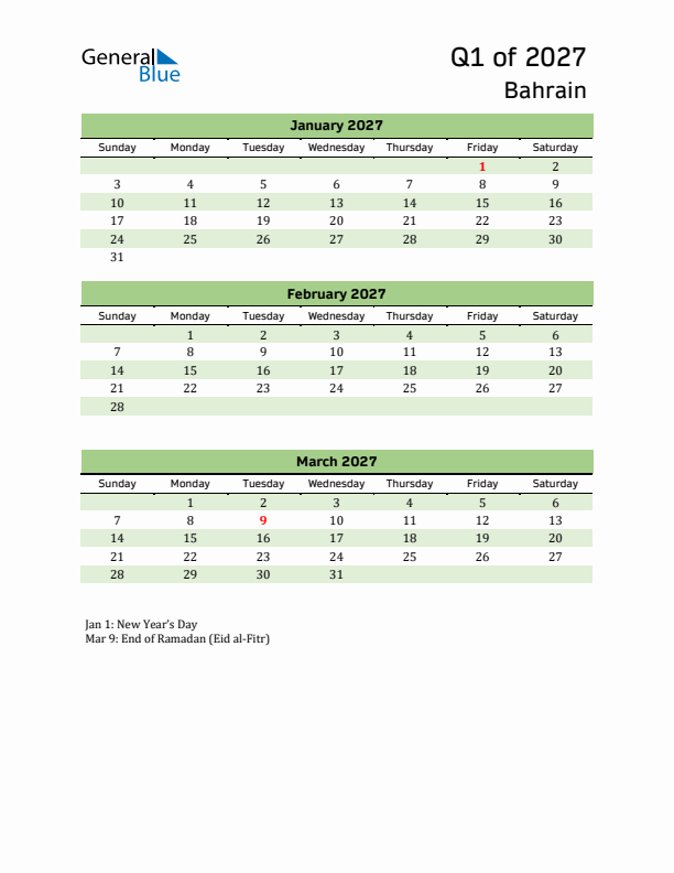 Quarterly Calendar 2027 with Bahrain Holidays